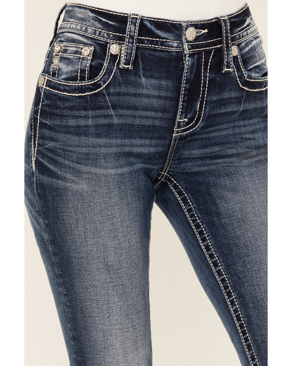 Image #4 - Miss Me Women's Dark Rise Mid Wash Geo Feather Pocket Bootcut Stretched Denim Jeans, , hi-res