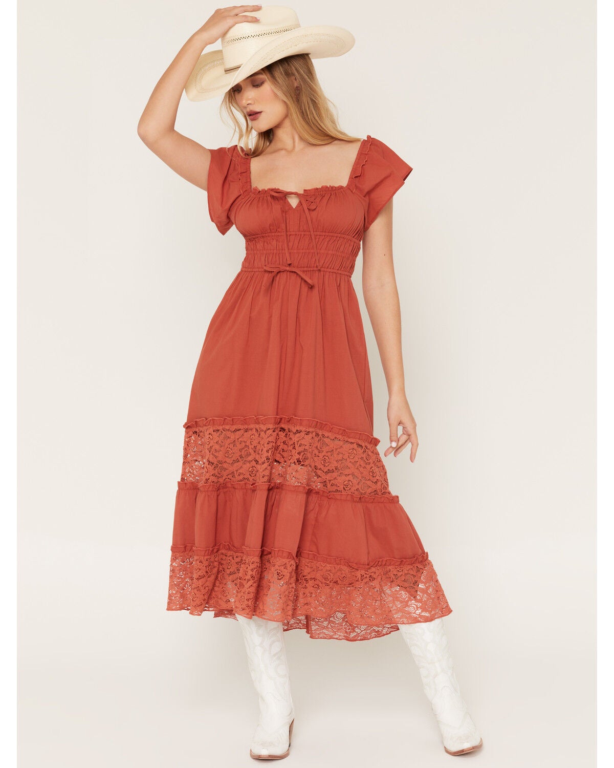 Image #1 - Rosabelle Honey Women's Solid Lace Short Sleeve Midi Dress, Rust Copper, hi-res