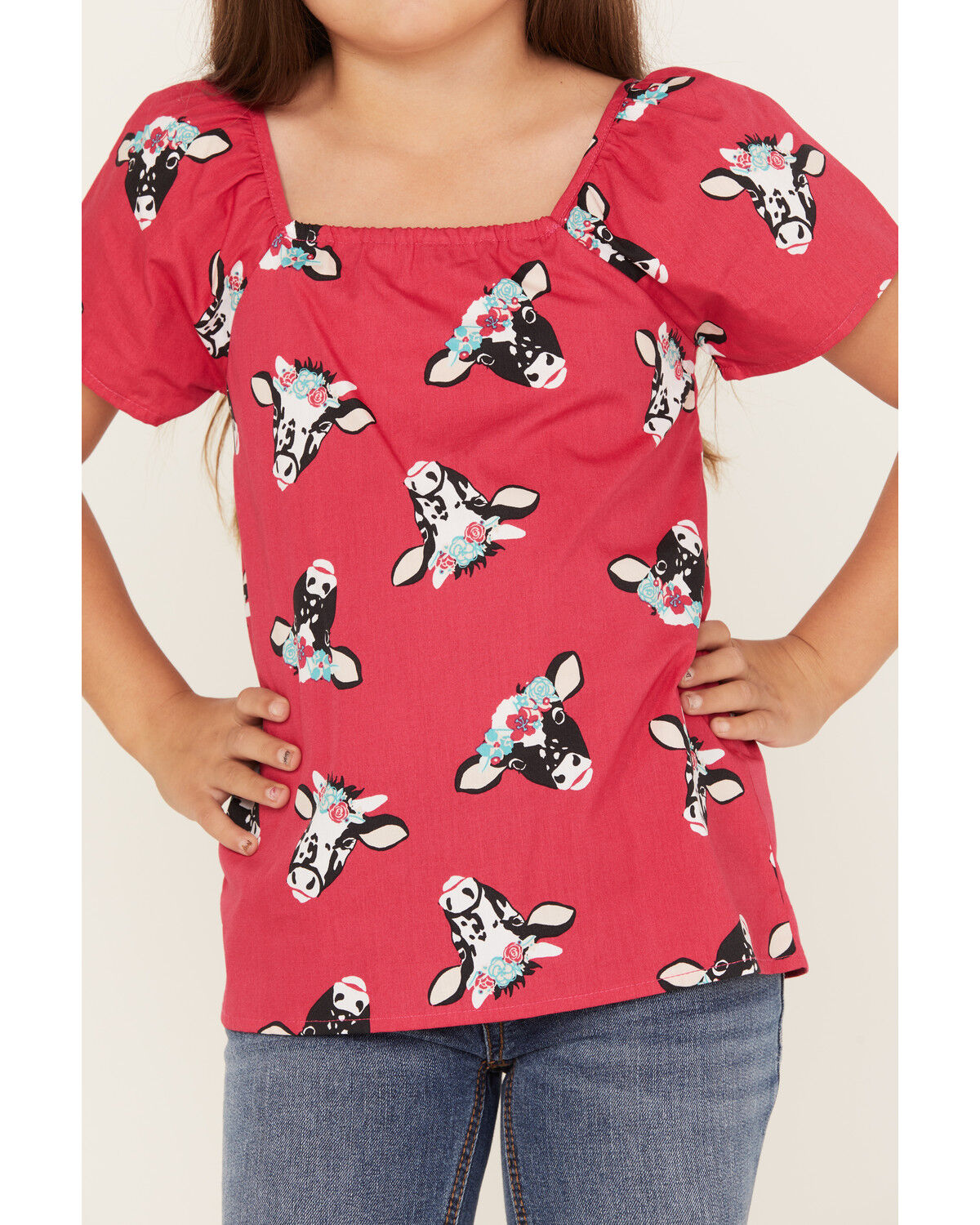 Image #3 - Wrangler Girls' Cow Head Print Puff Sleeve Shirt, Hot Pink, hi-res