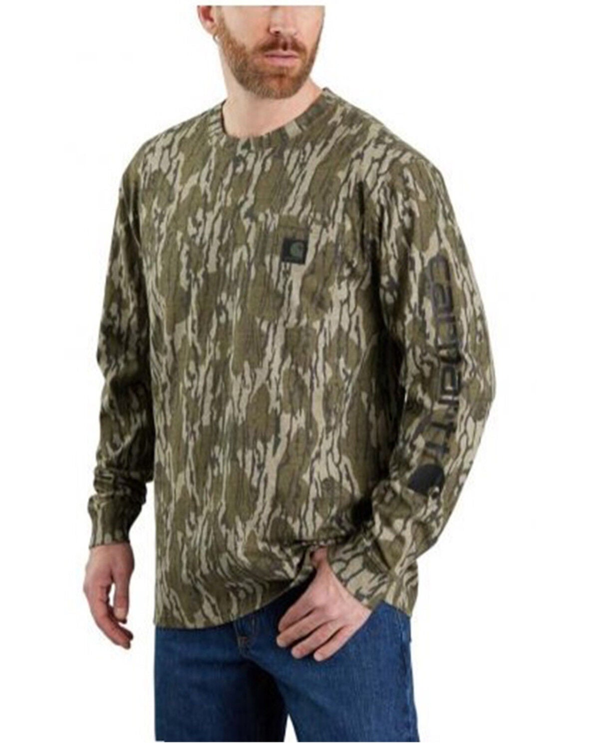 Carhartt Men's Loose Fit Heavyweight Long Sleeve Pocket Camo Logo Graphic T-Shirt, Moss Green, hi-res