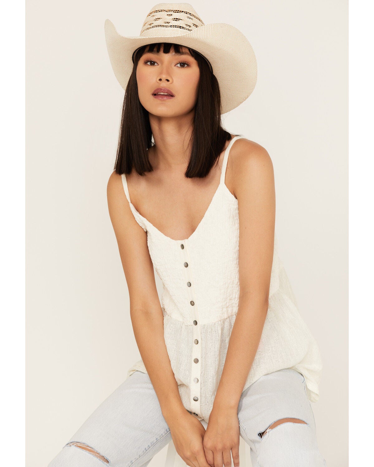 Image #1 - Cleo + Wolf Women's Smocked Button Front Woven Tank Top, Ivory, hi-res