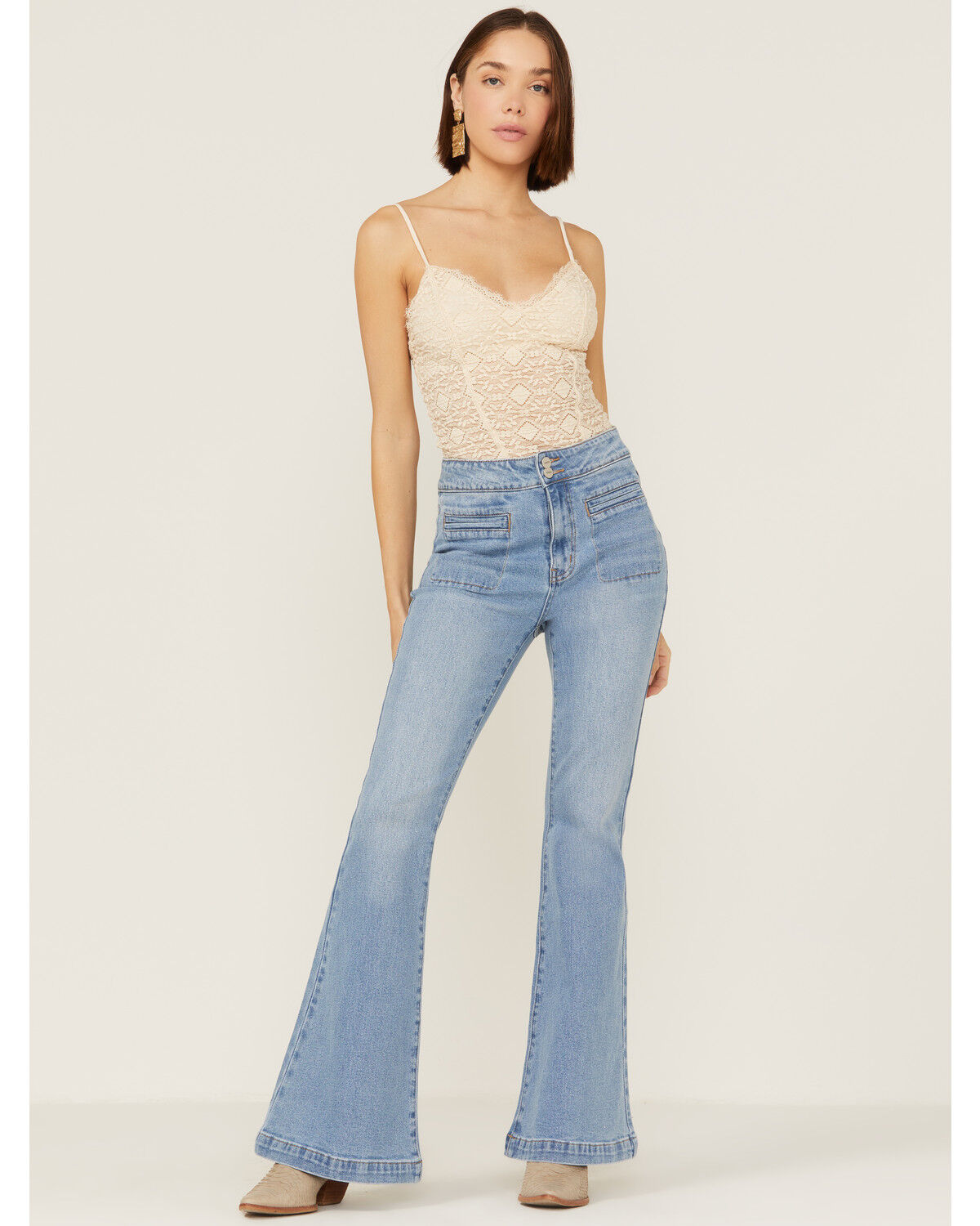 Image #1 - Ceros Women's Light Wash High Rise Coin Pocket Light Denim Flare Jeans, Blue, hi-res