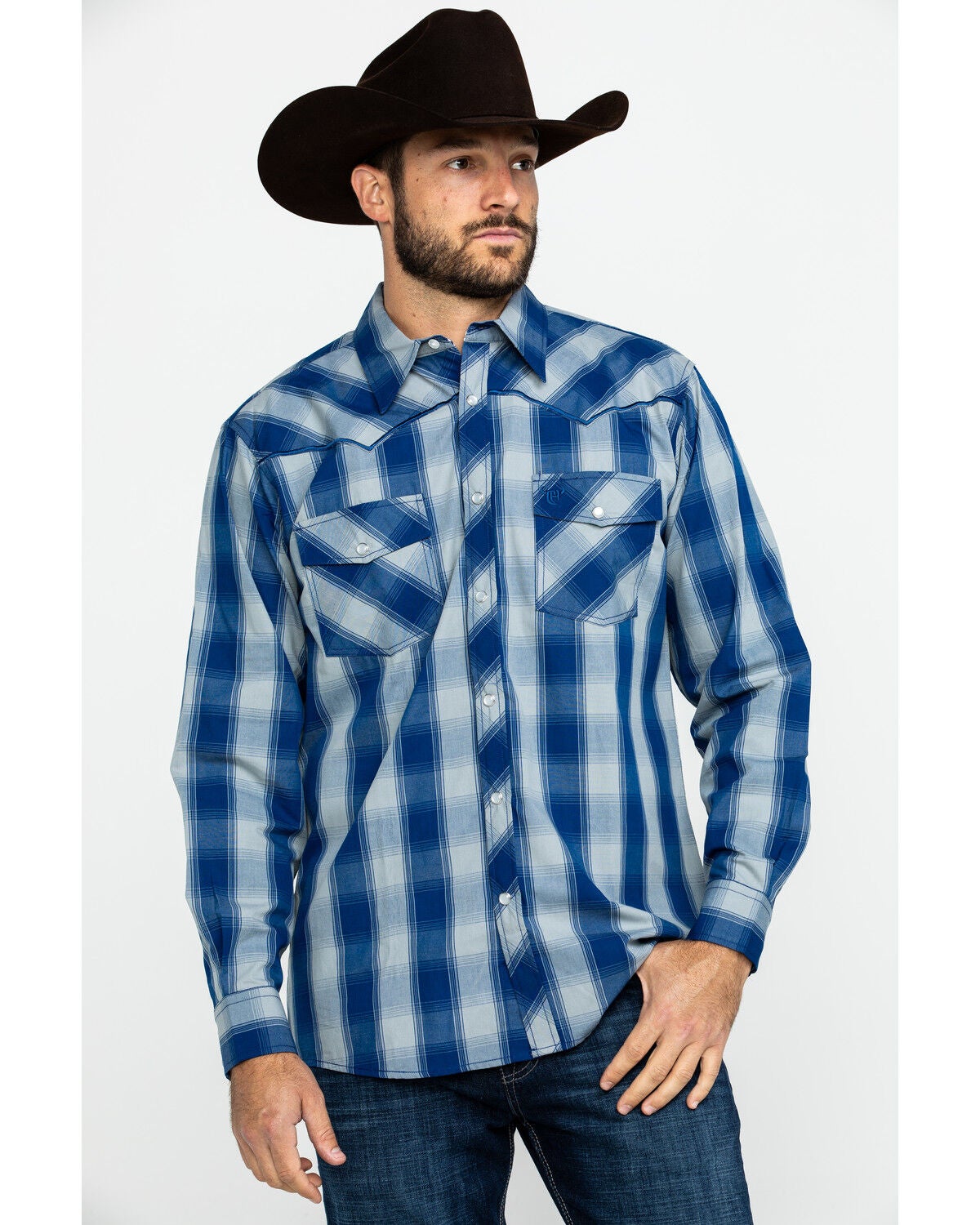 Image #1 - Cowboy Hardware Men's Royal Classic Plaid Long Sleeve Western Shirt, , hi-res