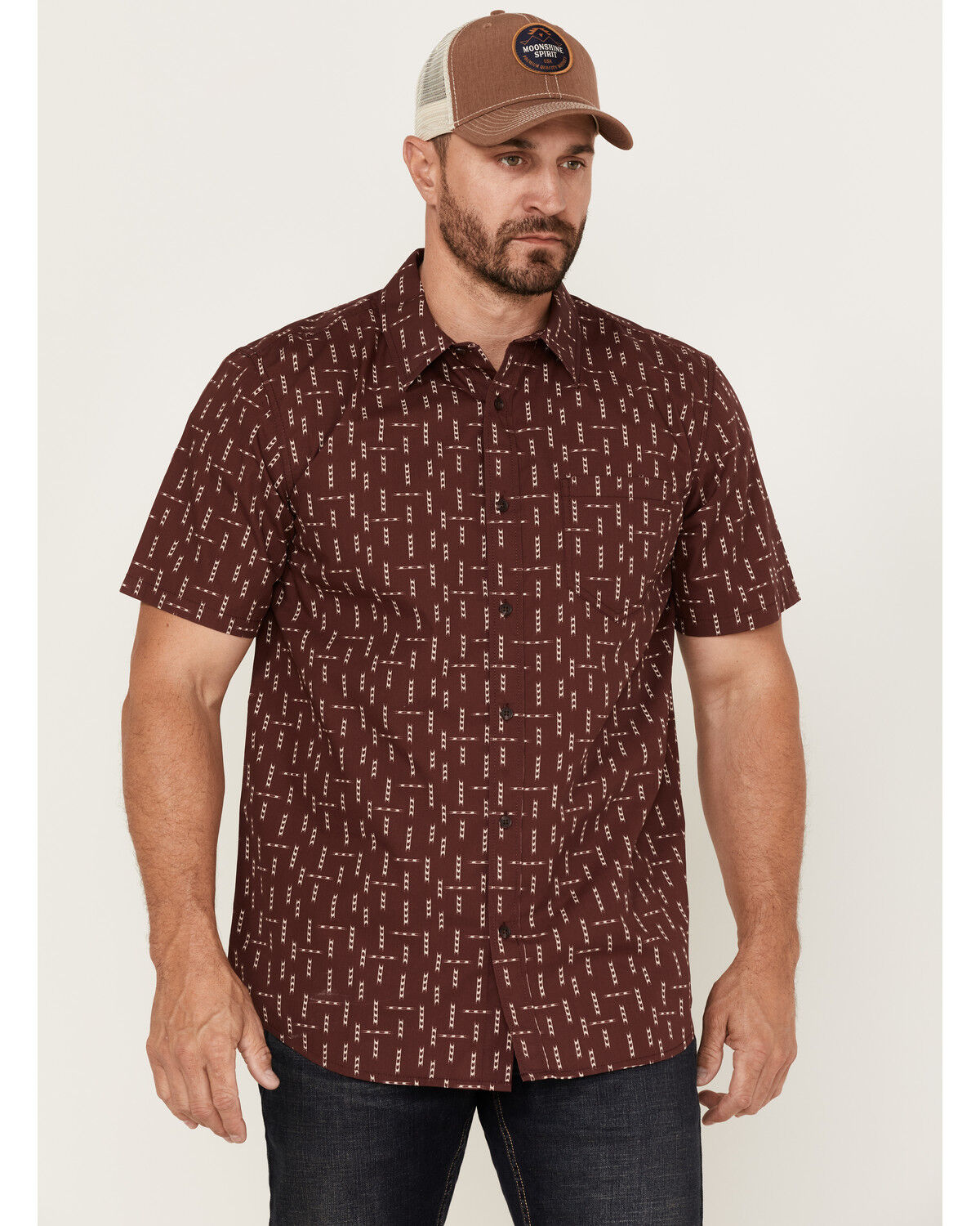 Image #1 - Gibson Men's Tribal Meeting Geo Print Short Sleeve Button Down Western Shirt, Burgundy, hi-res