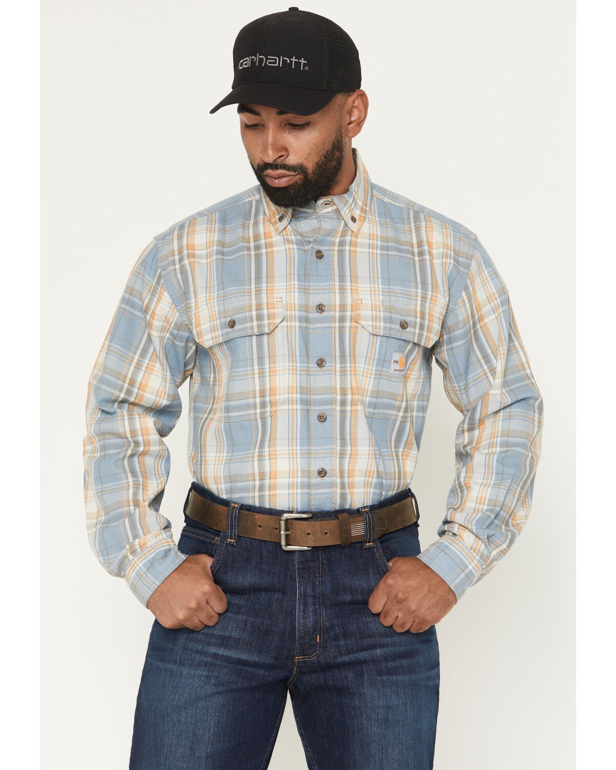 Image #1 - Carhartt Men's FR Plaid Print Long Sleeve Button-Down Work Shirt, Steel Blue, hi-res