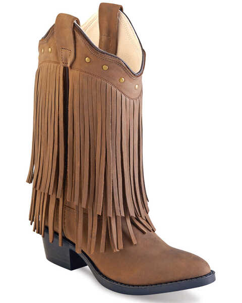 Image #1 - Old West Girls' Long Fringe Western Boots - Round Toe, Brown, hi-res