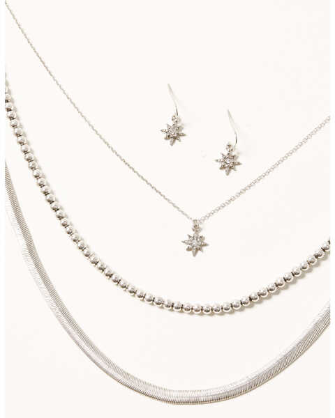 Shyanne Women's 3-piece Silver Layered Starburst Herringbone Necklace & Earrings Set, Silver, hi-res