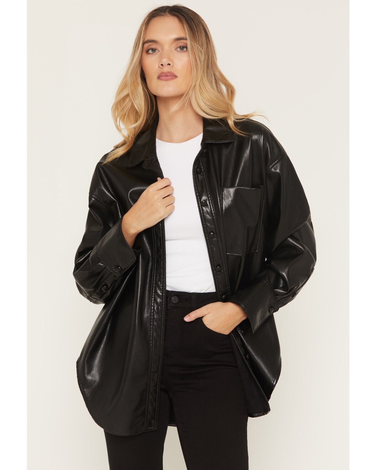 Image #1 - Show Me Your Mumu Women's Lincoln Faux Leather Long Sleeve Button-Down Shirt, Black, hi-res