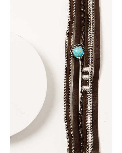 Shyanne Women's Brown Leather & Turquoise Beaded Silver Chain Wrap Bracelet, Silver, hi-res