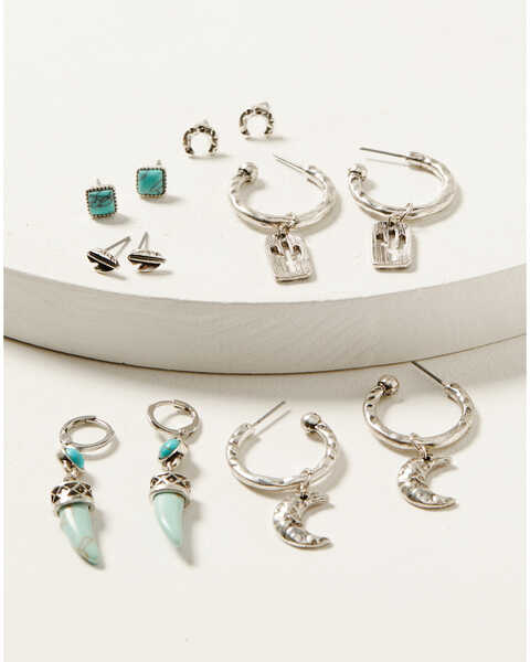Image #1 - Shyanne Women's Moon & Cactus Turquoise Stone Earrings Set - 6-Piece, Silver, hi-res
