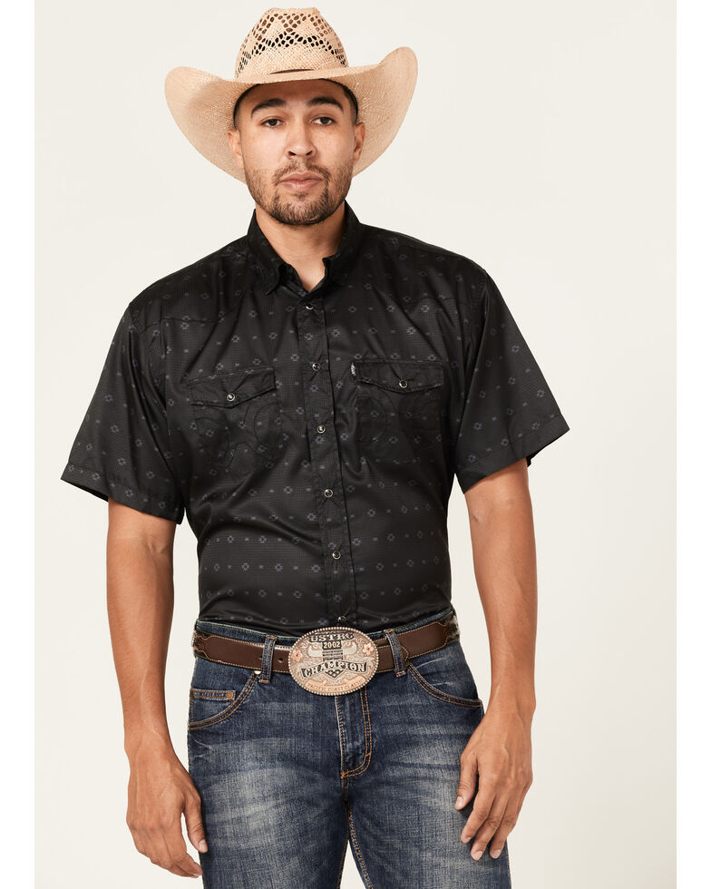 HOOey Men's Punchy Southwestern Print Habitat Sol Short Sleeve Snap Western Shirt , Black, hi-res