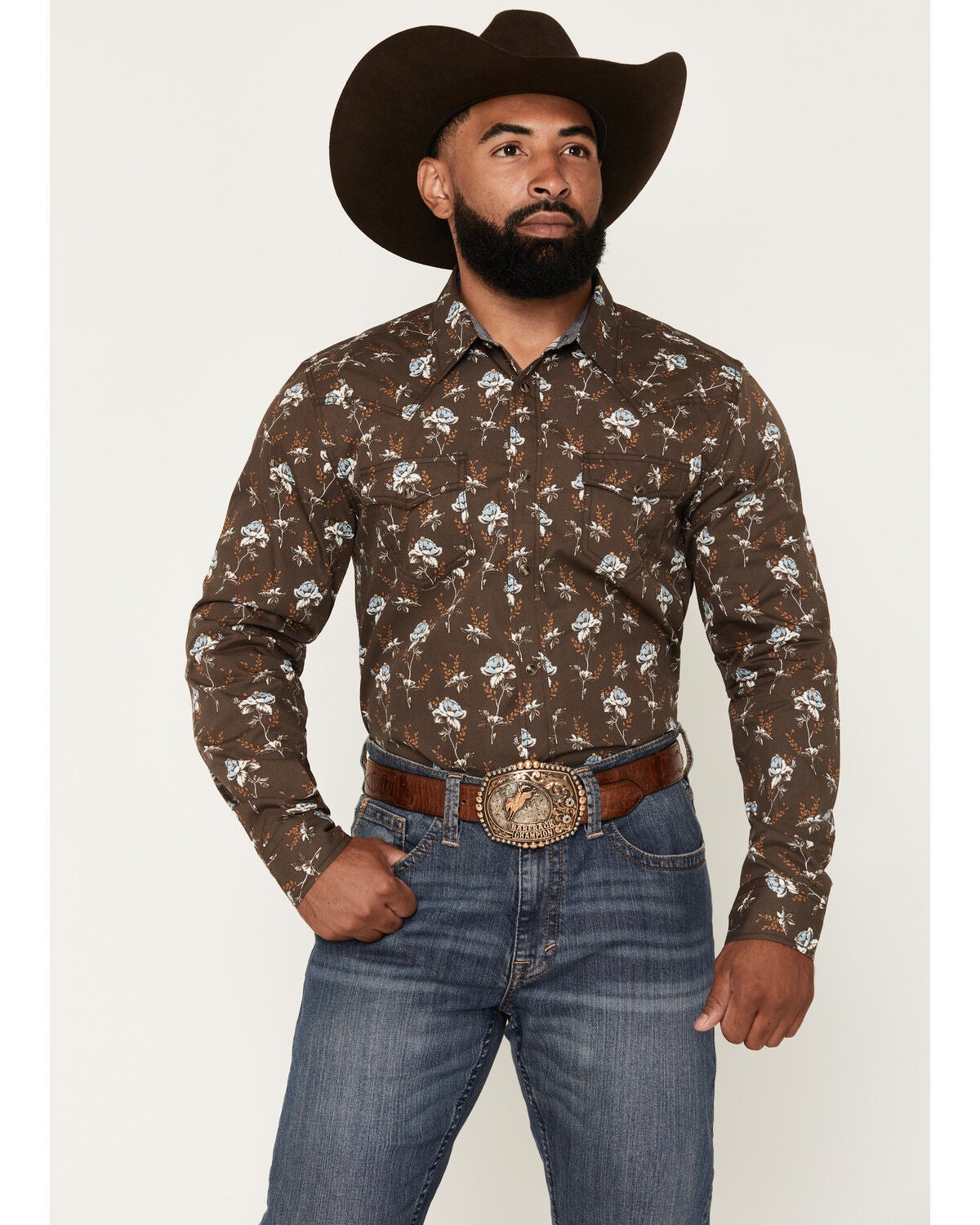Image #1 - Cody James Men's Night Cap Floral Print Long Sleeve Snap Western Shirt, Brown, hi-res