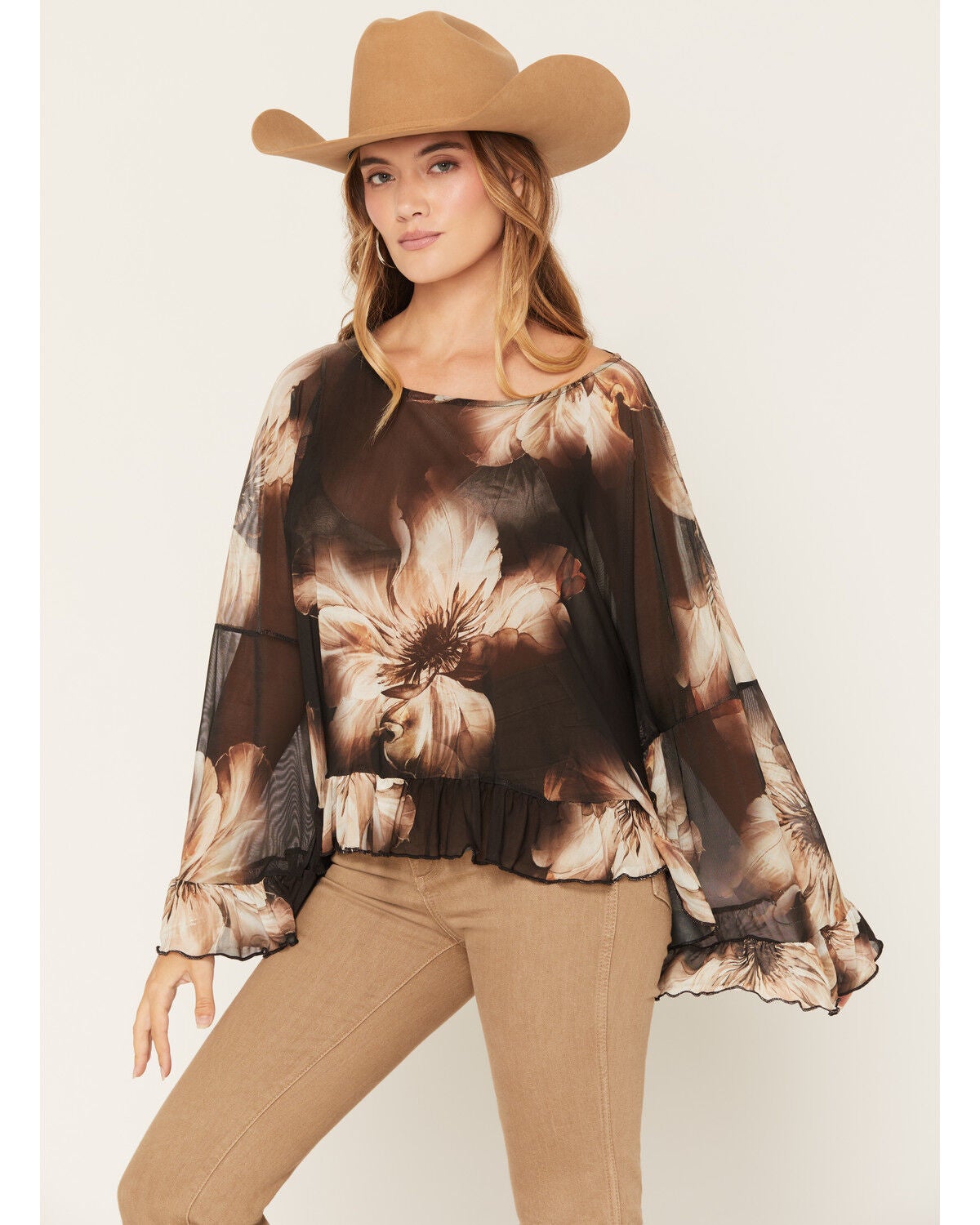 Wild Moss Women's Floral Mesh Poncho Top, Black, hi-res