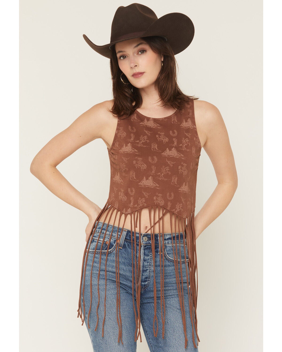 Rock & Roll Denim Women's Icon Fringe Tank, Brown, hi-res