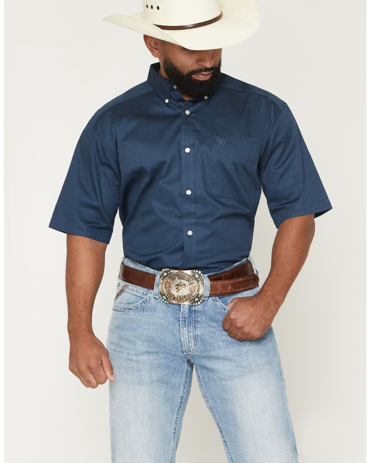 Image #1 - Ariat Men's Lightweight Twill Solid Short Sleeve Button-Down Western Shirt, Slate, hi-res