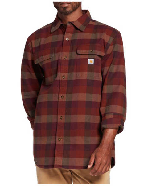 Carhartt Men's Plaid Print Rugged Flex Midweight Long Sleeve Button Down Work Flannel Shirt , Red, hi-res