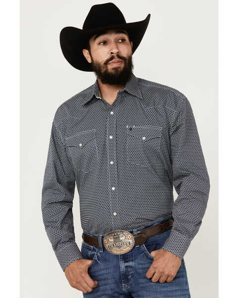 Stetson Men's Geo Print Long Sleeve Pearl Snap Western Shirt, Dark Blue, hi-res
