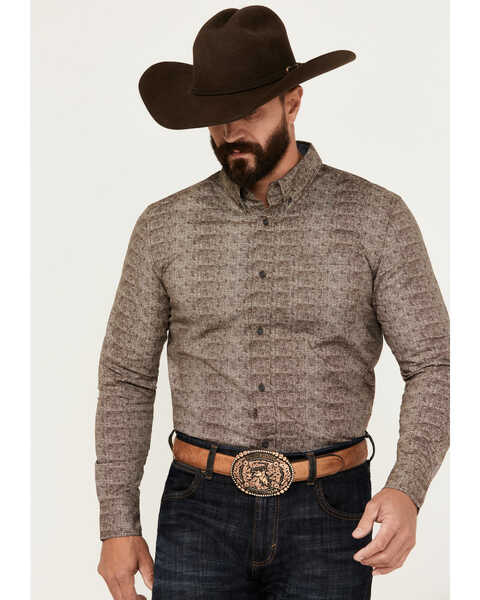 Image #1 - Cody James Men's Crossed Geo Print Long Sleeve Button-Down Stretch Western Shirt, Brown, hi-res