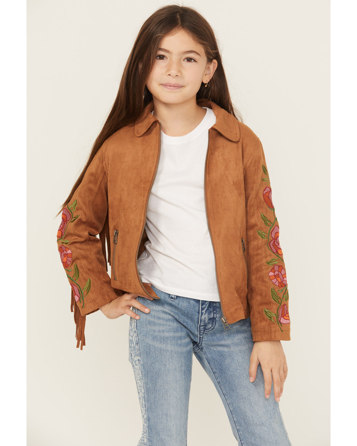 Image #3 - Fornia Girls' Floral Embroidered Fringe Jacket, Camel, hi-res