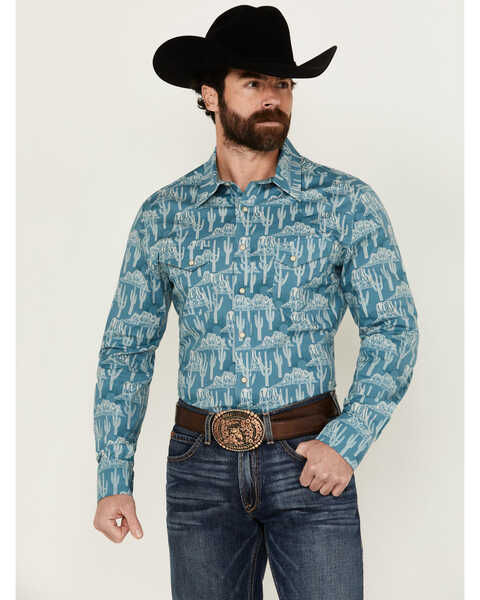 Image #1 - Rock & Roll Denim Men's Cactus Desert Print Long Sleeve Pearl Snap Stretch Western Shirt , Blue, hi-res