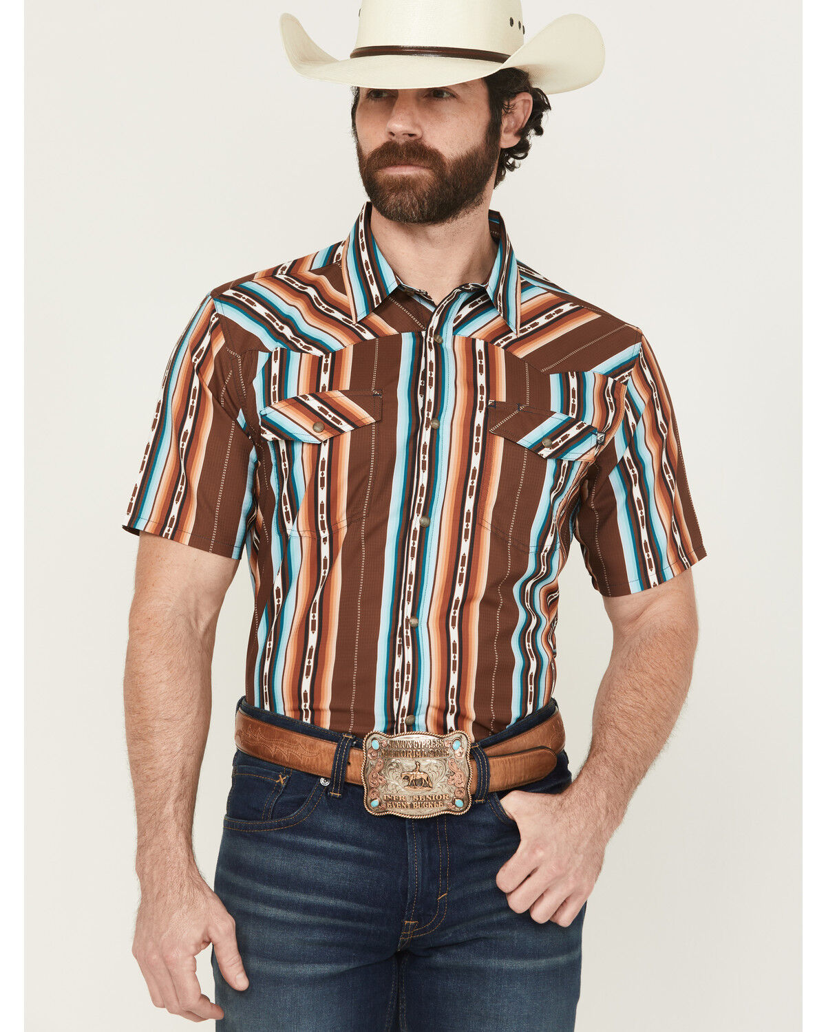 Image #1 - RANK 45® Men's Sierra Peak Striped Short Sleeve Snap Performance Western Shirt, Multi, hi-res