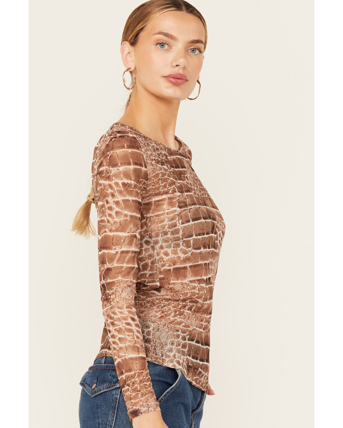 Image #2 - Vocal Women's Snake Print Long Sleeve Mesh Top, Brown, hi-res