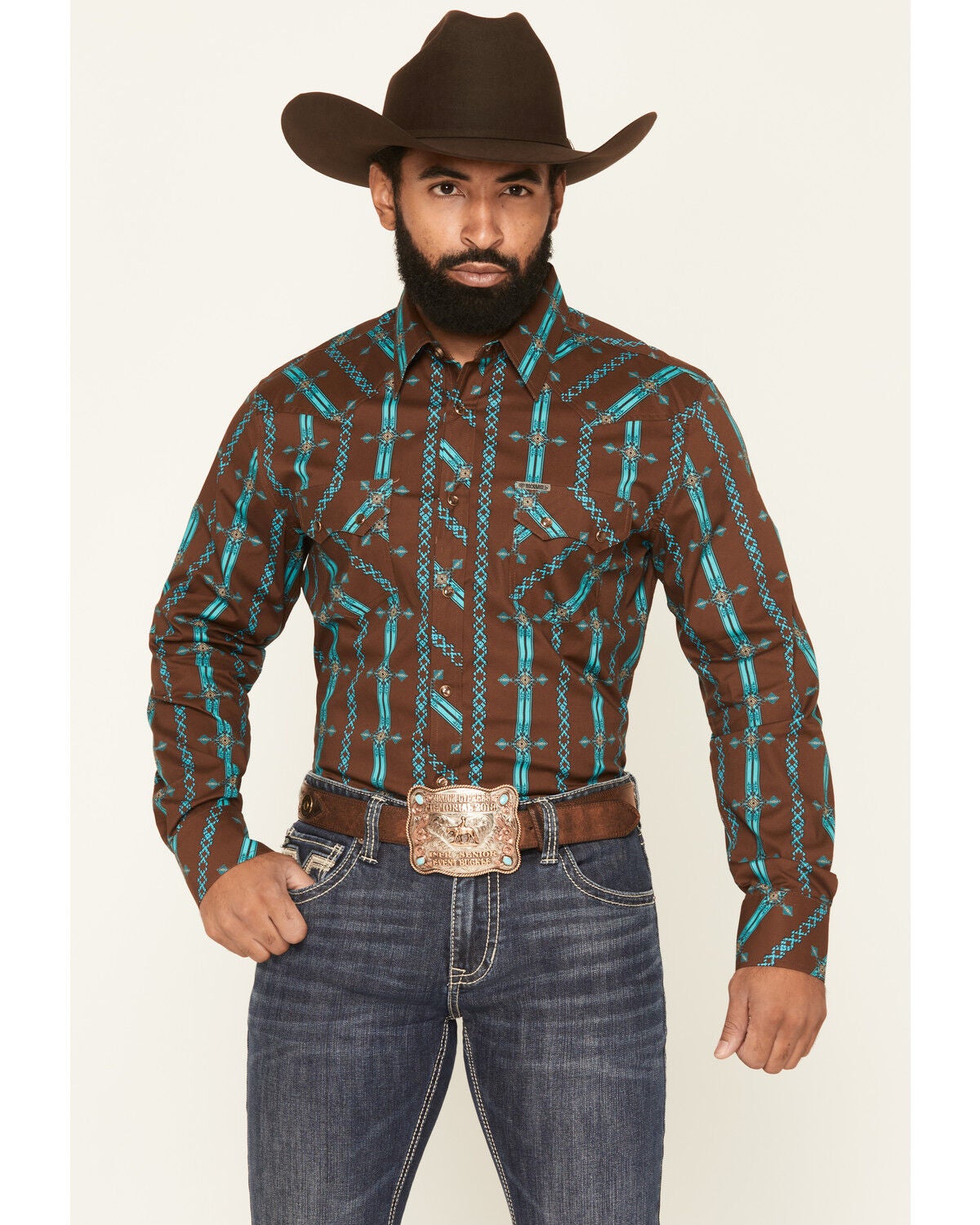 Rock & Roll Denim Men's Southwestern Striped Long Sleeve Pearl Snap Stretch Western Shirt, Brown, hi-res