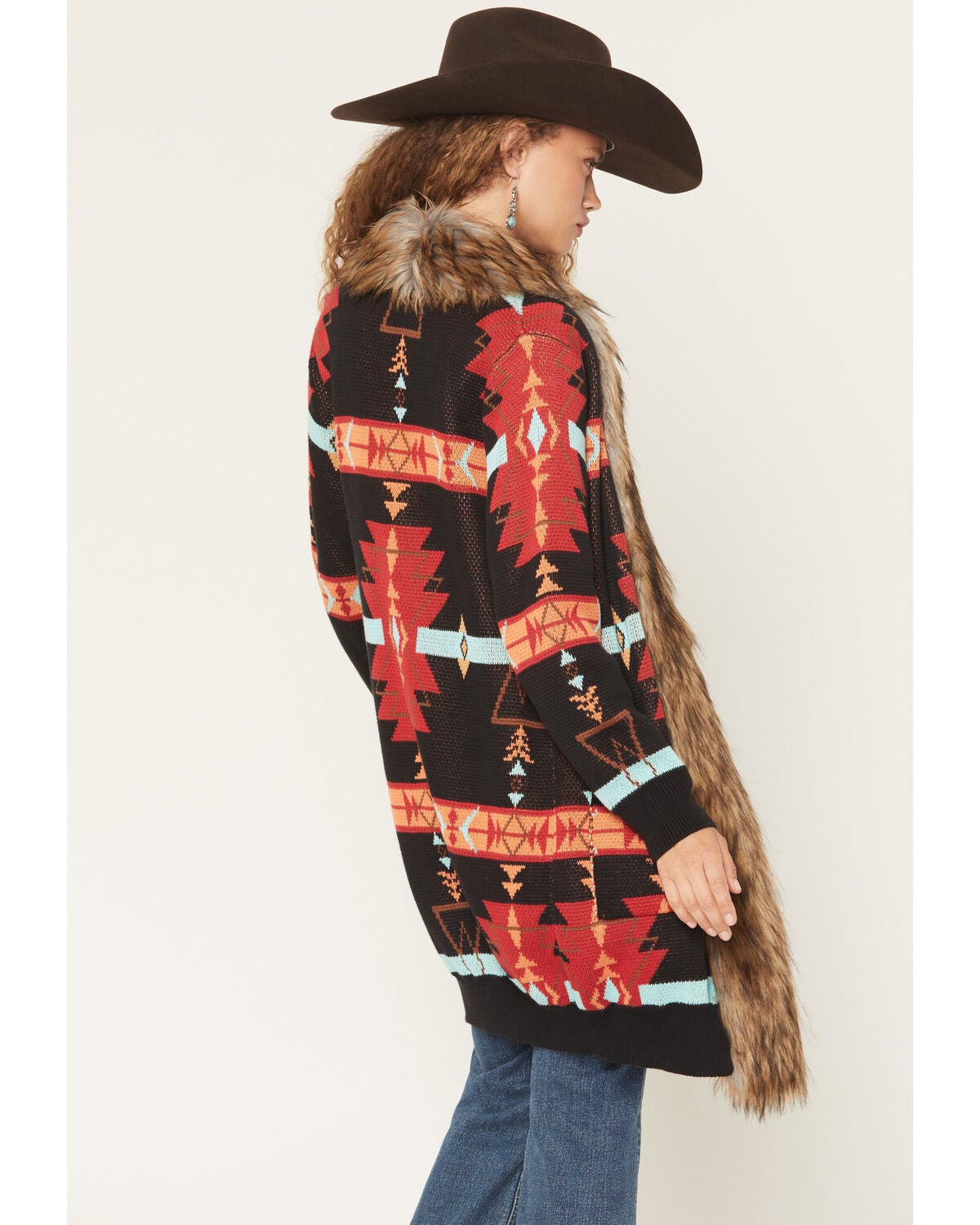 Image #4 - Panhandle Women's Southwestern Print Faux Fur Trim Cardigan, Black, hi-res