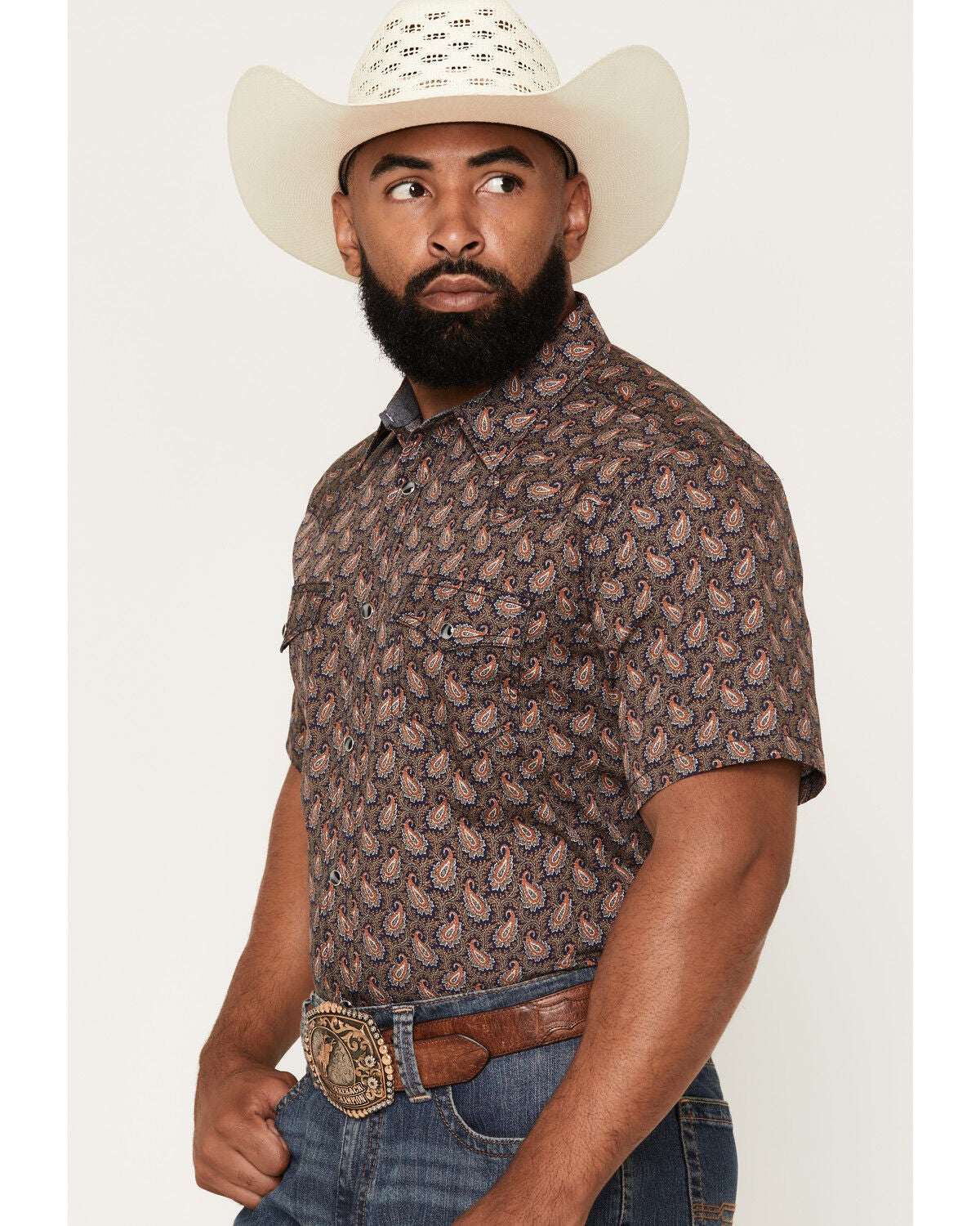 Image #2 - Cody James Men's 2 Step Paisley Print Short Sleeve Snap Western Shirt, Navy, hi-res