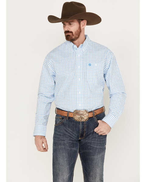 Image #1 - George Strait by Wrangler Men's Plaid Print Button Down Long Sleeve Western Shirt, Light Blue, hi-res