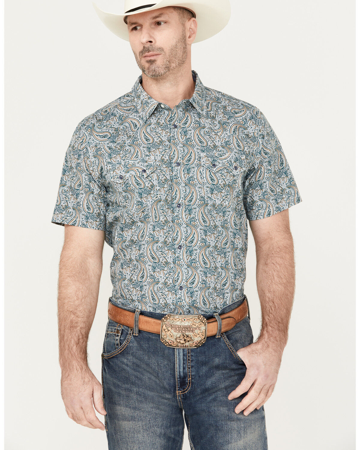 Image #1 - Cody James Men's Crazy Days Paisley Print Short Sleeve Western Snap Shirt, Green, hi-res