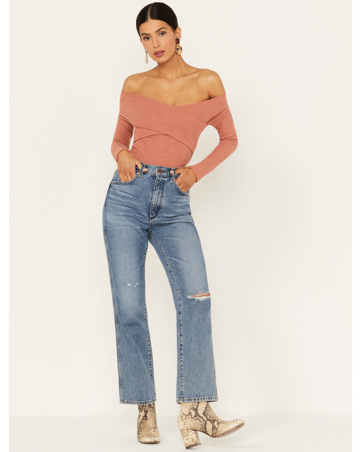 Image #4 - Very J Women's Long Sleeve Cross Front Ribbed Top, Rust Copper, hi-res