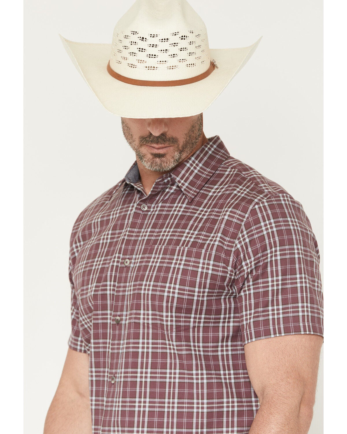 Image #2 - Cody James Men's Cowboy Brew Plaid Print Short Sleeve Button-Down Stretch Western Shirt, Burgundy, hi-res