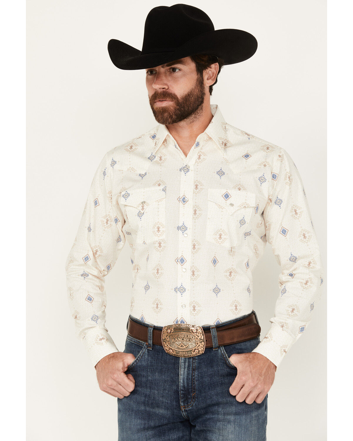 Image #1 - Ely Walker Men's Southwestern Print Long Sleeve Pearl Snap Western Shirt, Cream, hi-res