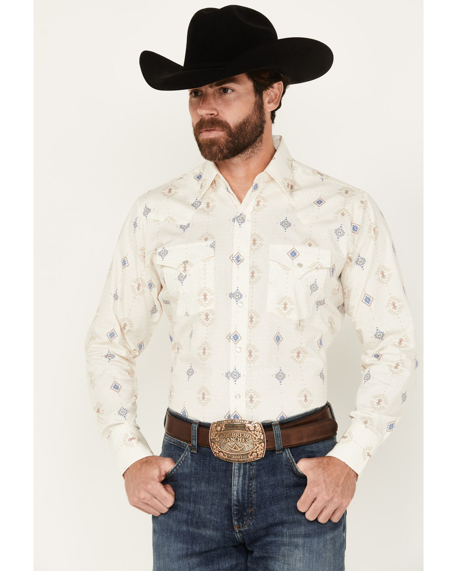 Image #1 - Ely Walker Men's Southwestern Print Long Sleeve Pearl Snap Western Shirt, Cream, hi-res