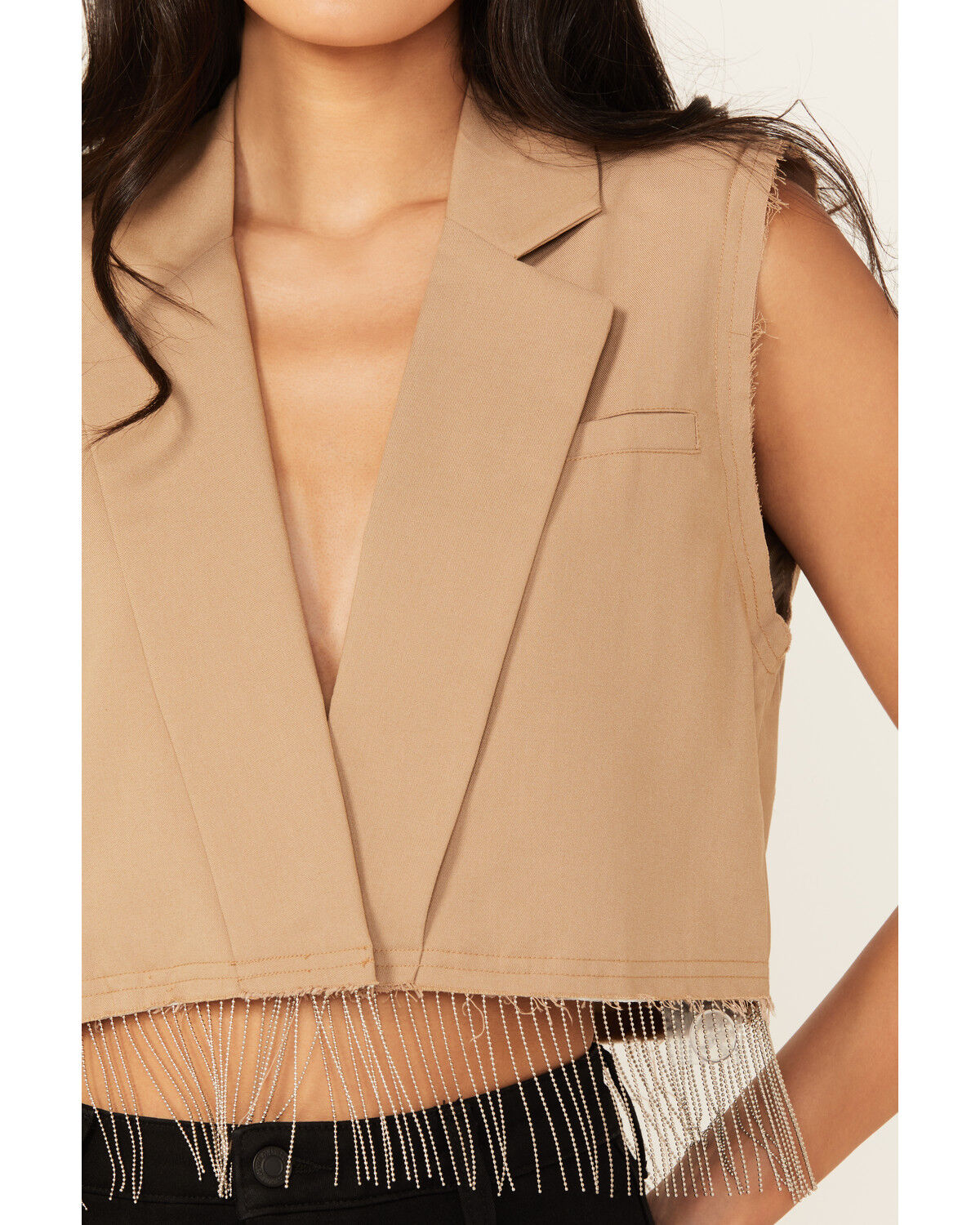 Image #3 - Vocal Women's Cropped Blazer Fringe Vest, Taupe, hi-res