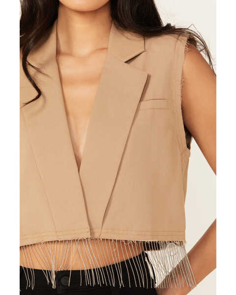 Image #3 - Vocal Women's Cropped Blazer Fringe Vest , Taupe, hi-res