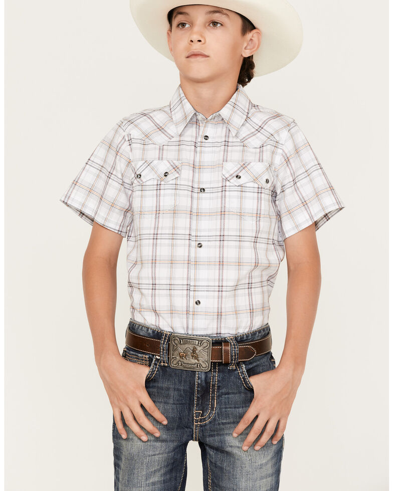 Cody James Boys' Plaid Print Short Sleeve Western Snap Shirt, White, hi-res