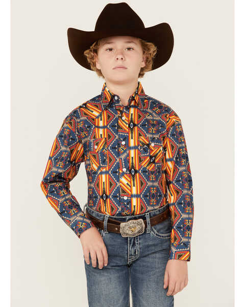 Image #1 - Rock & Roll Denim Boys' Dale Brisby Southwestern Print Long Sleeve Pearl Snap Western Shirt, Orange, hi-res