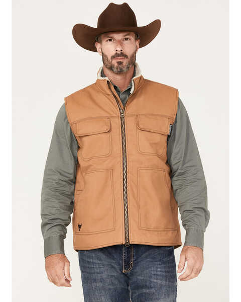 Image #1 - Cowboy Hardware Men's Ranch Canvas Berber Sherpa-Lined Vest, Camel, hi-res