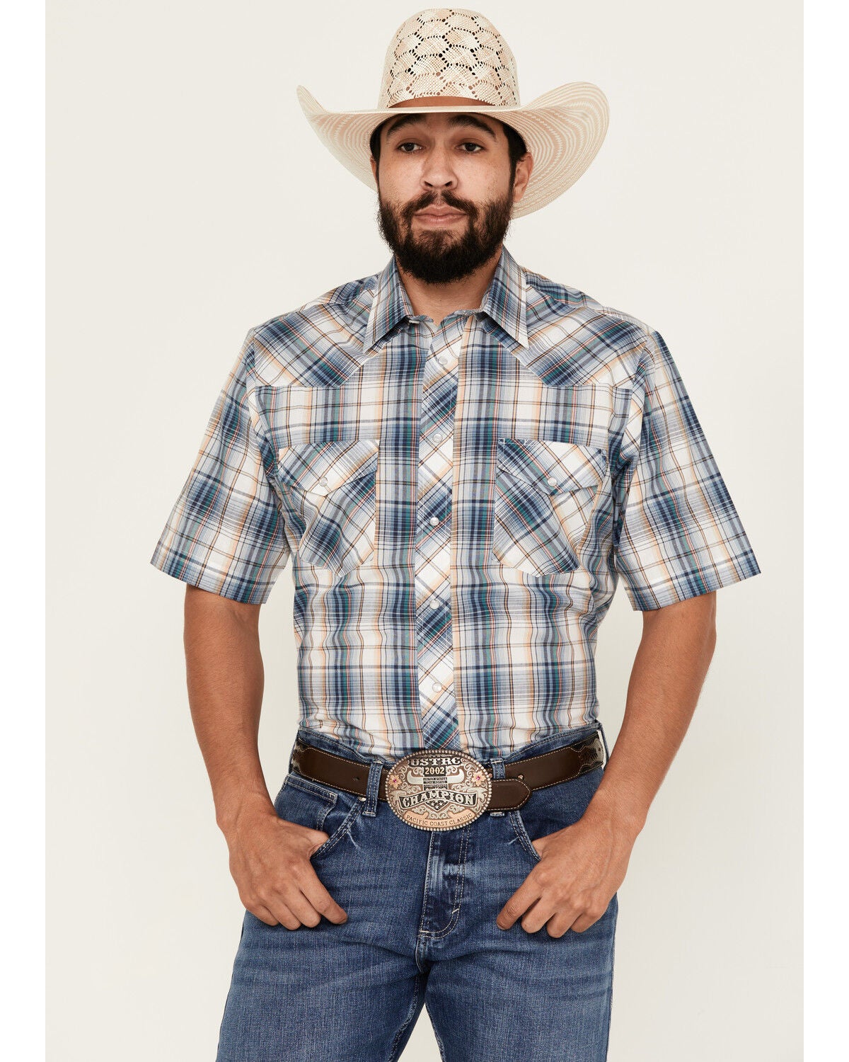Roper Men's Medium Plaid Print Short Sleeve Pearl Snap Western Shirt, Blue, hi-res