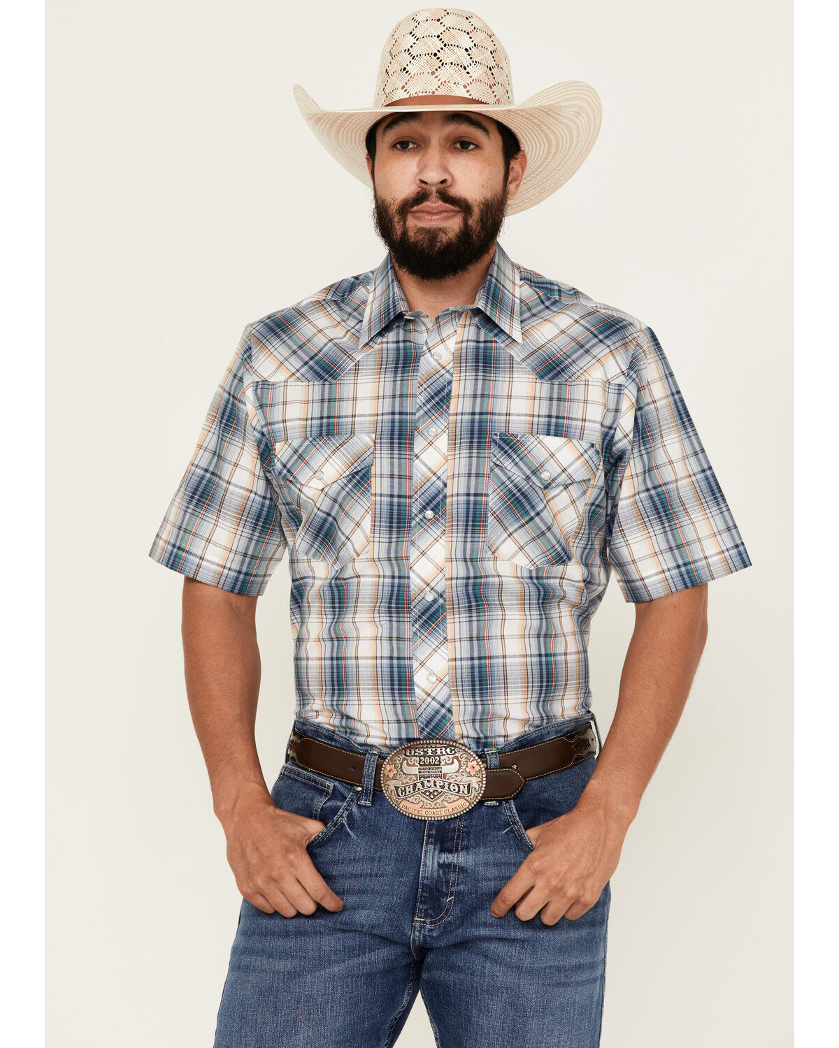 Image #1 - Roper Men's Medium Plaid Print Short Sleeve Pearl Snap Western Shirt, Blue, hi-res