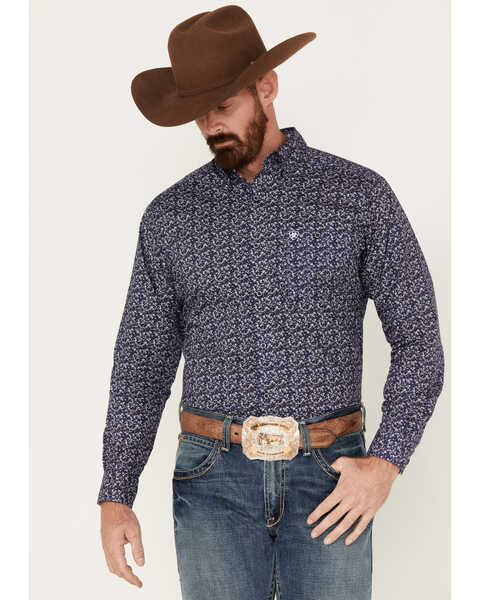 Image #1 - Ariat Men's Trailblazer Floral Stretch Long Sleeve Button Down Western Shirt, Navy, hi-res