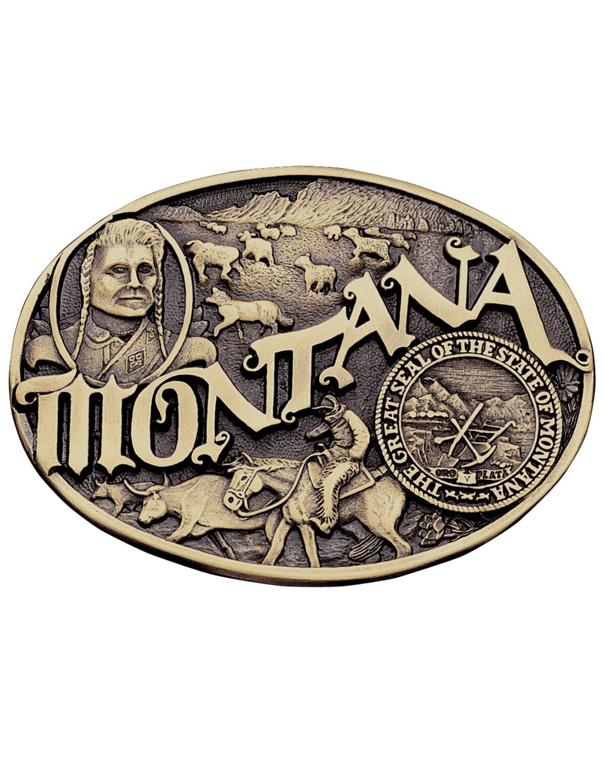 Montana Silversmiths Montana State Heritage Attitude Belt Buckle, Gold, hi-res