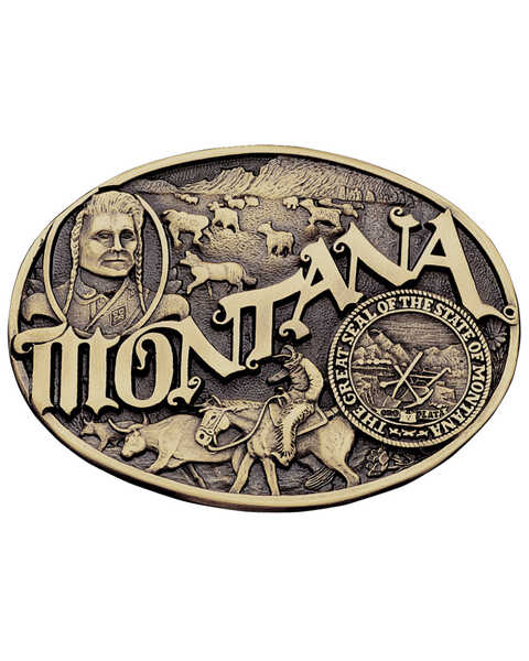 Image #1 - Montana Silversmiths Men's Montana State Heritage Attitude Belt Buckle, Gold, hi-res