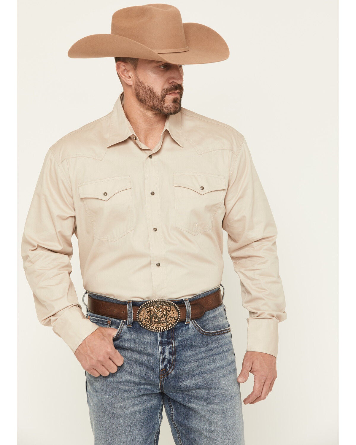 Roper Men's Solid Poplin Long Sleeve Snap Western Shirt, Tan, hi-res
