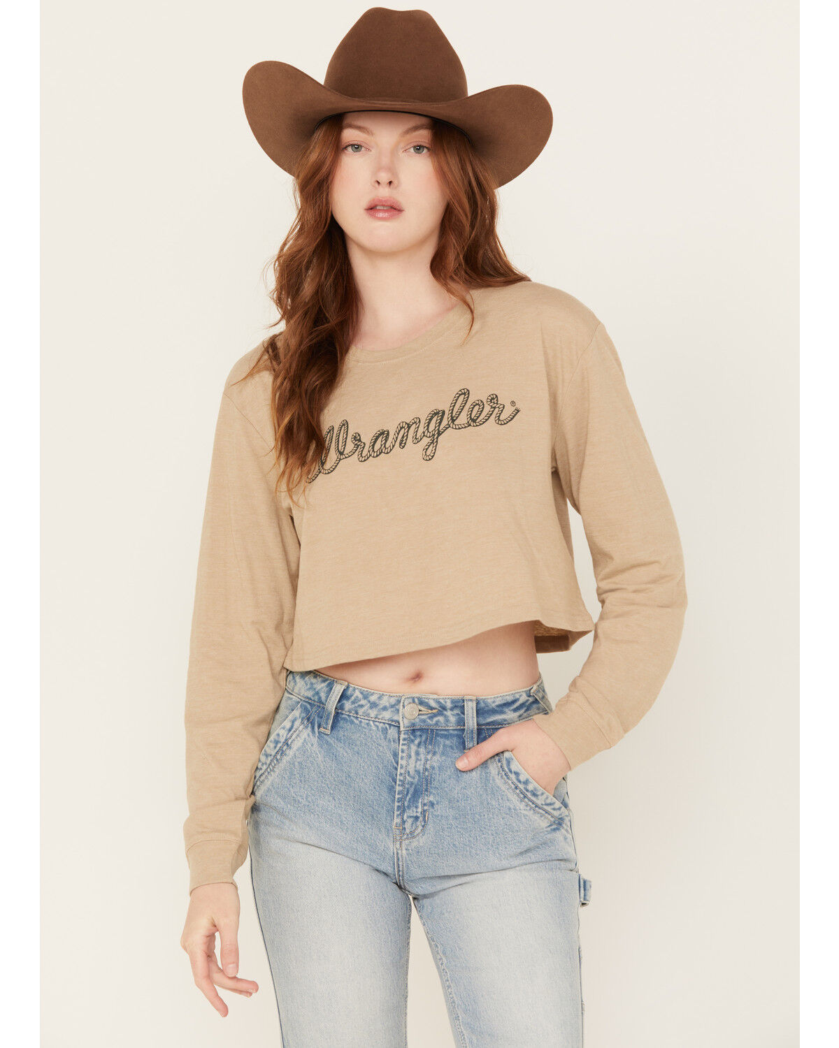 Image #1 - Wrangler Women's Logo Long Sleeve Graphic Cropped Tee, Oatmeal, hi-res