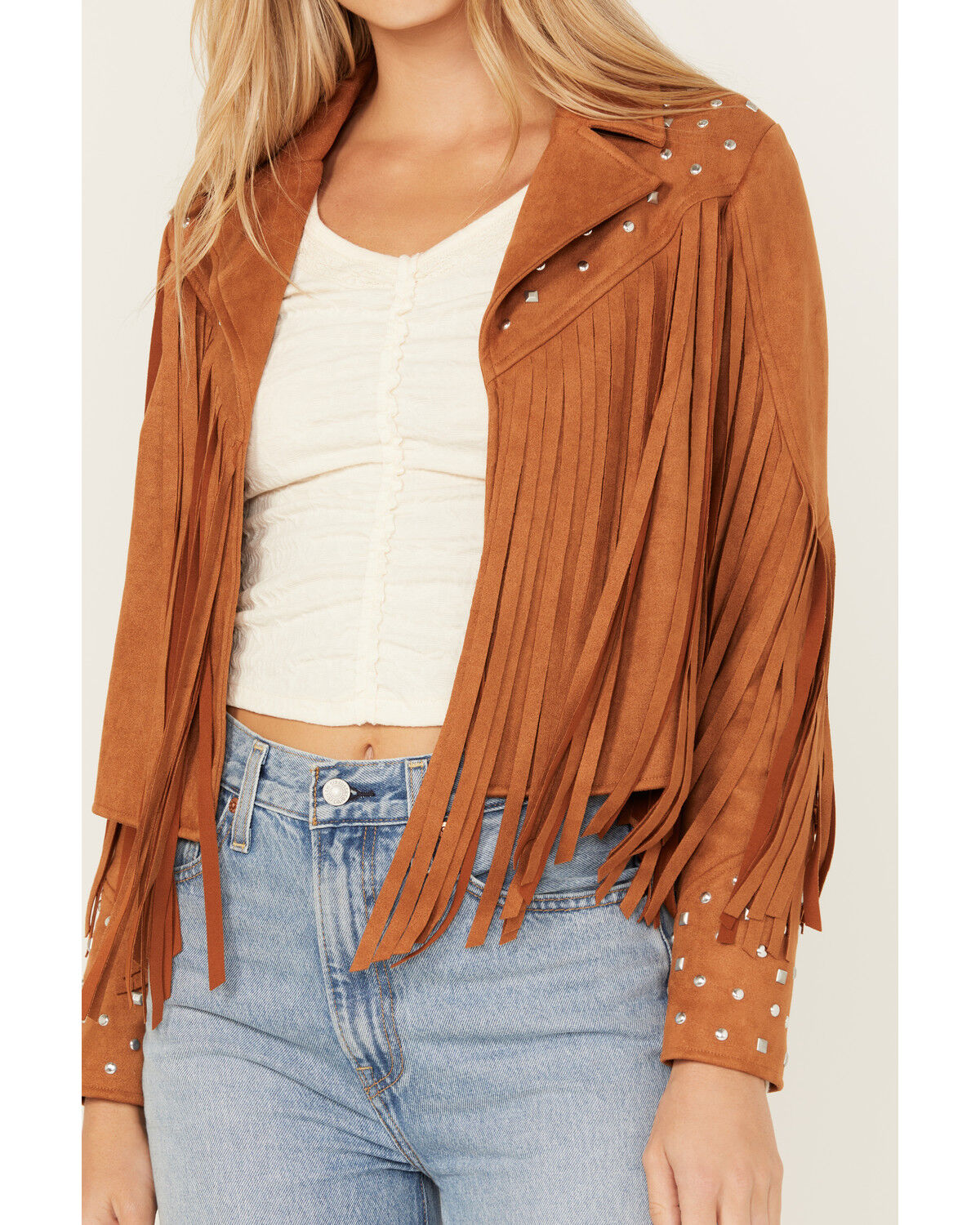 Image #3 - Blue B Women's Studded Fringe Faux Suede Jacket, Camel, hi-res
