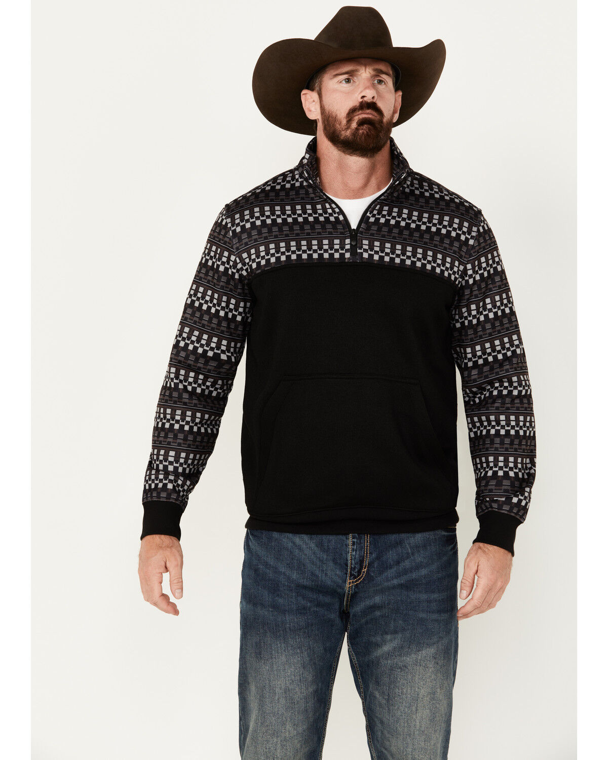 Image #1 - RANK 45® Men's Grove Striped Print 1/4 Zip Pullover, Black, hi-res
