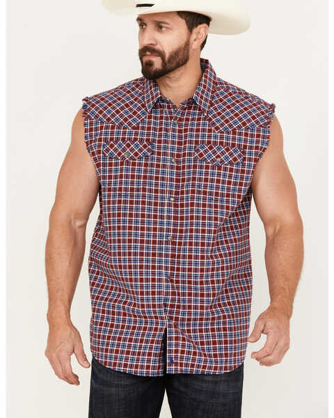 Image #1 - Cody James Men's Plaid Stars Bubba Sleeveless Western Shirt, Navy, hi-res